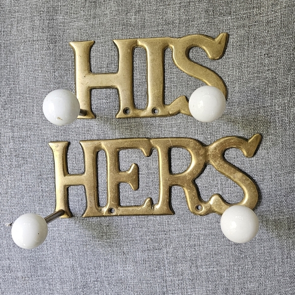 Vintage Brass Porcelain 'His and Hers' Wall Hooks - Picture 1 of 8
